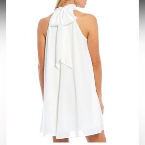 Badgley Mischka Elise Georgette Turtleneck Sleeveless Back Tie Mini Dress Bridal